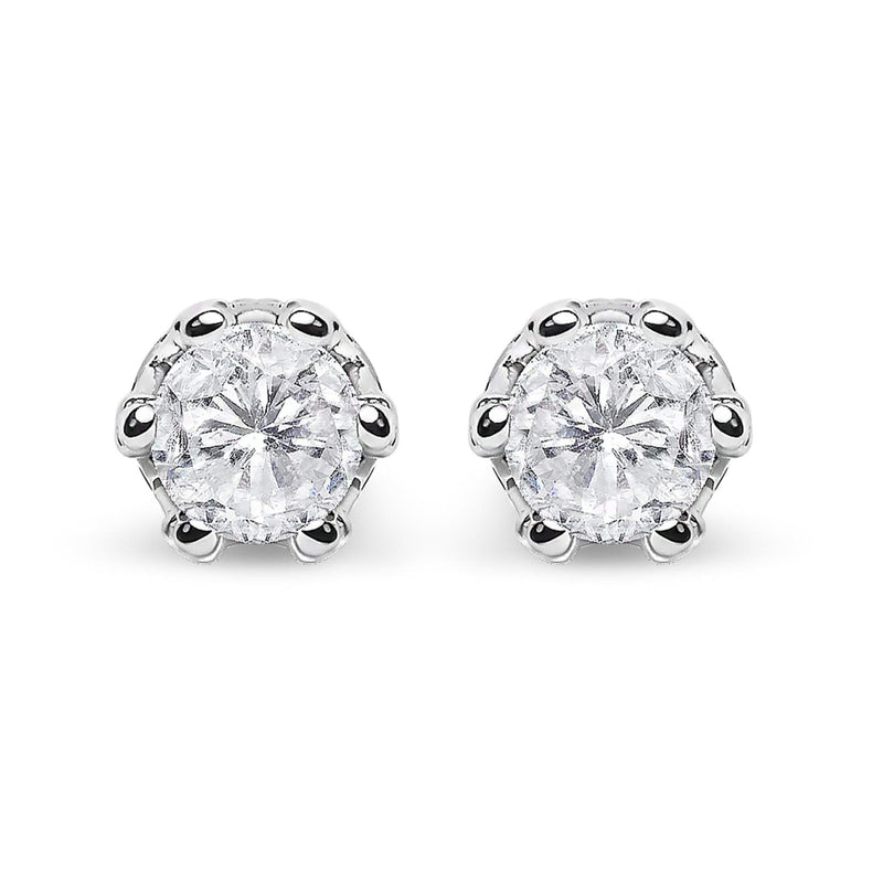 14K White Gold 2.0 Cttw Round Cut Prong-Set Diamond Crown Stud Earring (I-J Color, I1-I2 Clarity) 14K white gold ring with round diamond stones in a raised prong crown setting