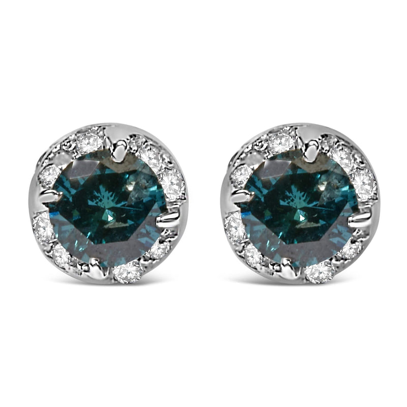 14K White Gold 1/2 cttw White and Treated Blue Round Diamond Earrings (I-J I2-I3) 14K white gold earrings with round white and treated blue diamond stones