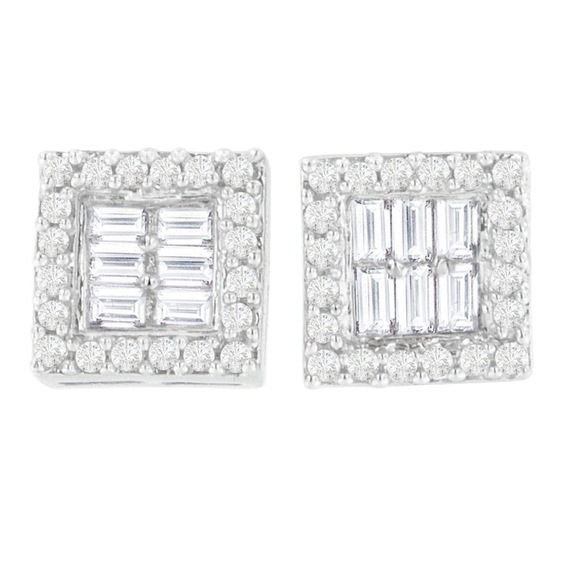 14K White Gold 1 cttw Round and Baguette Diamond Stud Earrings (H-I, SI1-SI2) 14K white gold stud earrings with round and baguette diamond stones