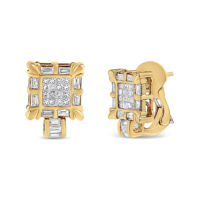 14K Yellow Gold 7/8 Cttw Princess and Baguette-Cut Diamond Square Framed Huggie Hoop Omega Earrings (H-I Color, SI1-SI2 Clarity) 14K yellow gold huggie hoop earrings with princess and baguette diamond stones