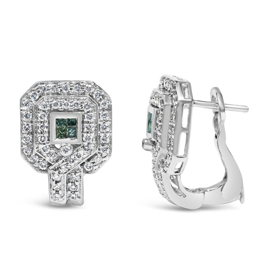 14K White Gold 1.0 Cttw Treated Blue and White Diamond Octagonal Shield Omega Back Earrings (H-I Color, SI1-SI2 Clarity)