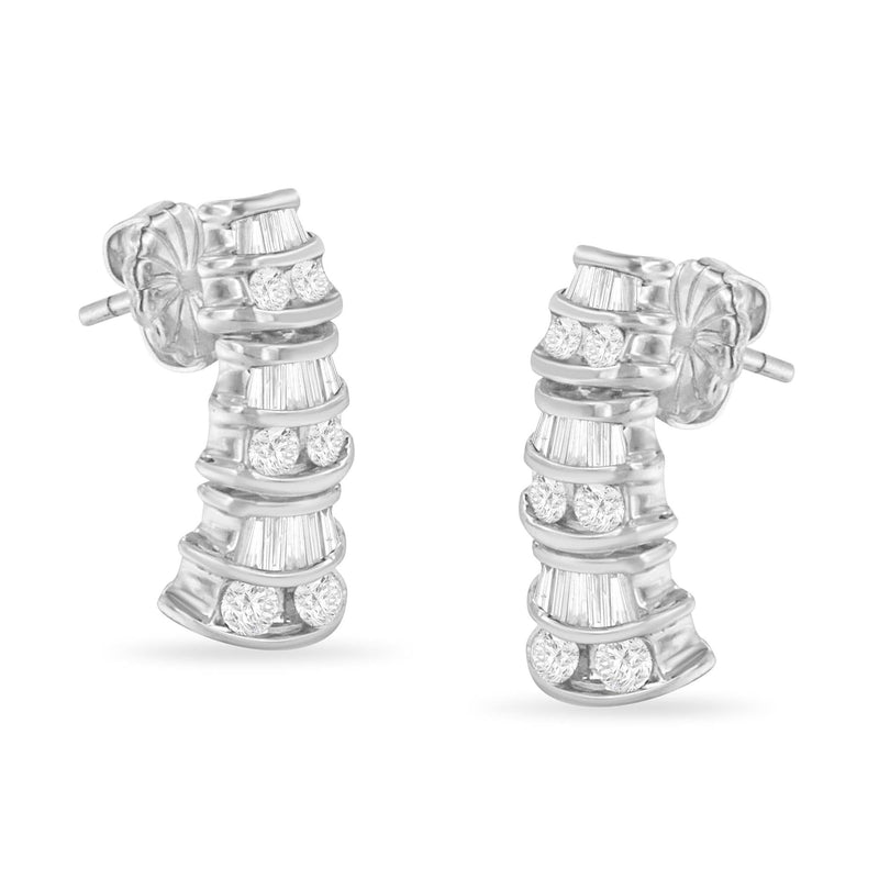 14KT White Gold 7/8 cttw Bagutte & Round Brilliant-Cut Diamond Dangle Multi Row Earrings (H-I, SI2-I1) 14K white gold ring with multiple rows of round and baguette diamond stones