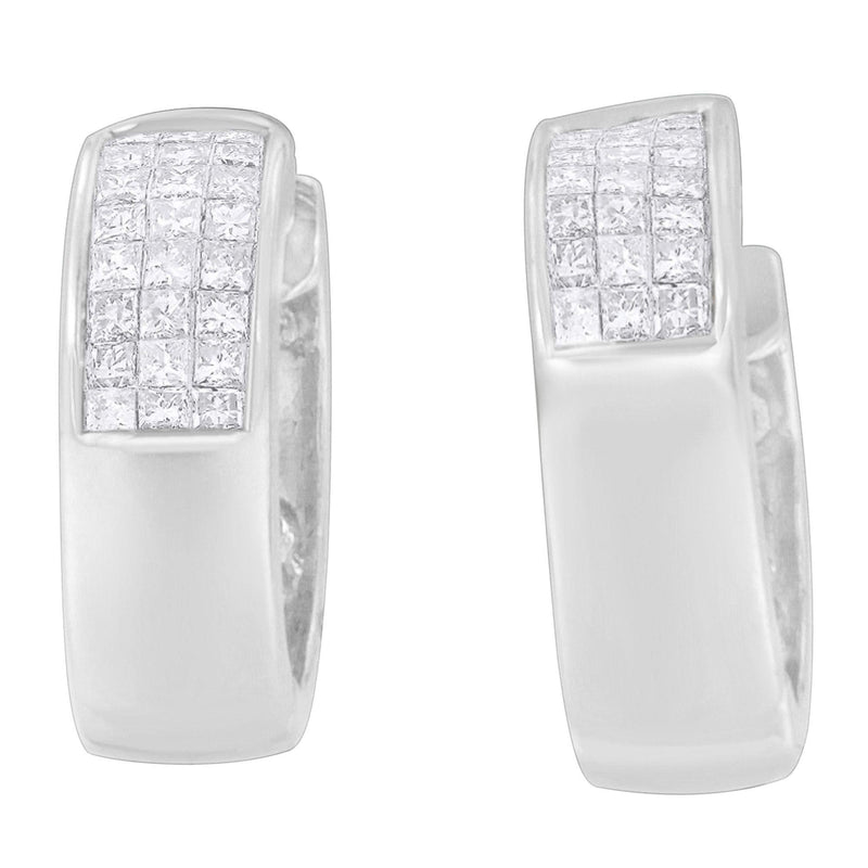 14K White Gold 1 1/8 cttw Princess and Round Cut Diamond Huggie Earrings (H-I, VS1-VS2) 14K white gold huggie earrings with round and princess-cut diamond stones
