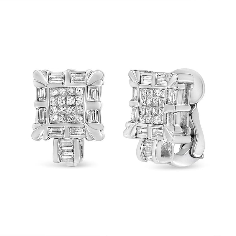14K White Gold 1.0 Cttw Princess and Baguette-Cut Diamond Square Framed Huggie Hoop Omega Earrings (H-I Color, SI1-SI2 Clarity) 14K white gold huggie hoop earrings with princess and baguette diamond stones