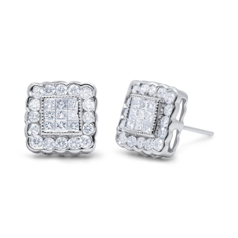 14K White Gold 1.0 Cttw Round Brilliant & Princess Cut Diamond Scallop-Edge Framed Square Halo Stud Earrings (G-H Color, SI1-SI2 Clarity) 14K white gold ring with round brilliant diamonds in a square halo setting