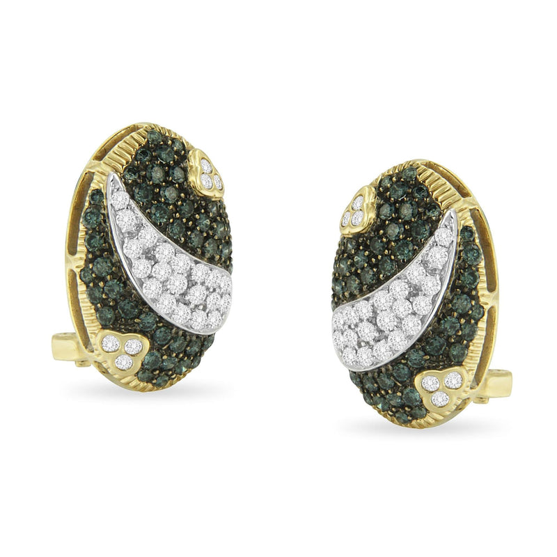 Black and White Rhodium over 14K Yellow Gold 2-1/10 Cttw White and Blue Diamond Oval Omega Back Stud Earrings (H-I and Blue Color, SI1-SI2 Clarity) 14K yellow gold stud earrings with two oval white and blue diamond stones