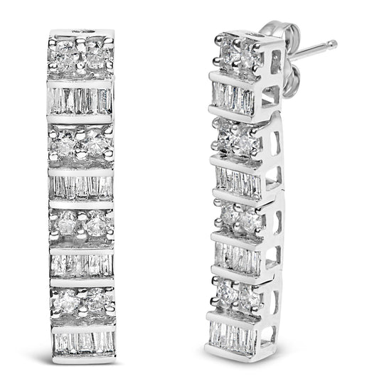14K White Gold 1 1/3 Cttw Alternating Round And Baguette Diamond Drop Earrings (H-I Color, SI2-I1 Clarity)