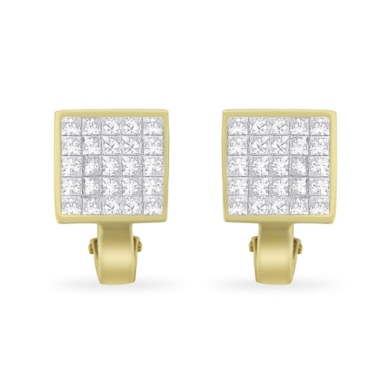 14K Yellow Gold 3-1/5 Cttw Princess Cut Diamond ¾ Square Invisible Set Grid Huggy Style Omega Back Stud Earrings (G-H Color, VS1-VS2 Clarity) 14K yellow gold earrings with princess cut diamond stones in invisible setting