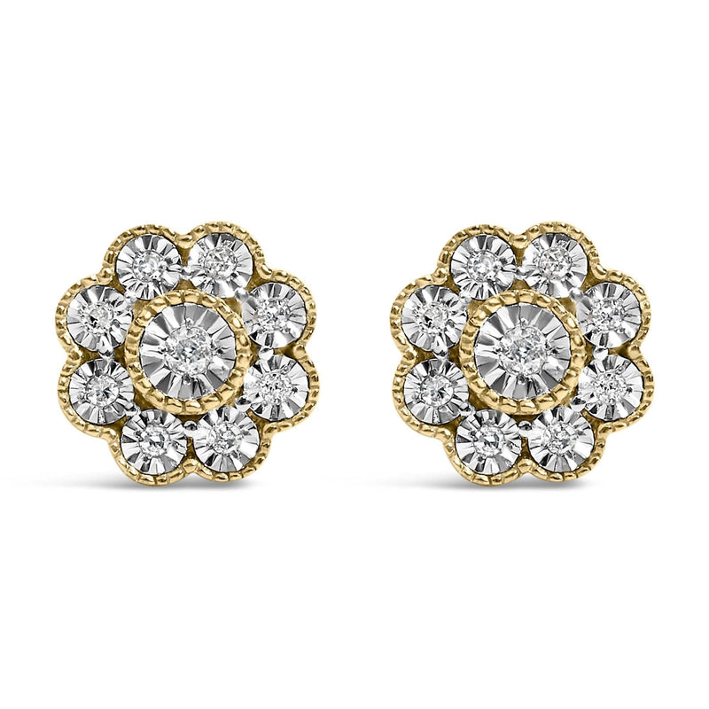 14K Yellow Gold Plated .925 Sterling Silver 1/6 Cttw Miracle-Plate Set Diamond Floral Stud Earrings (I-J Color, I2-I3 Clarity) 14K yellow gold stud earrings with cluster-set round diamond floral stones