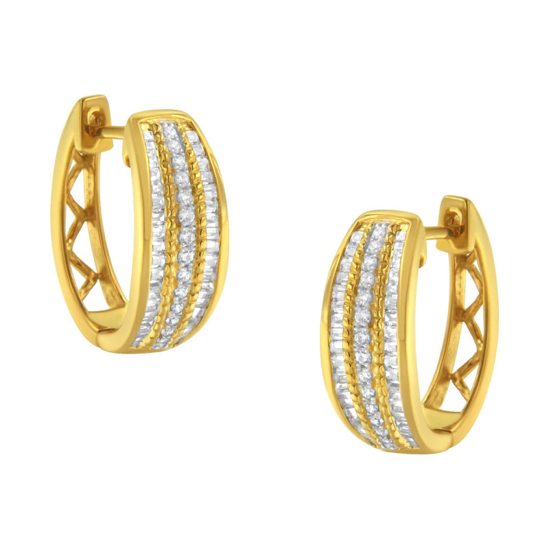 10K Yellow Gold 3/4 Cttw Pave and Channel Set Diamond Triple Row Modern Hoop Earrings (I-J Color, I2-I3 Clarity) 10K yellow gold hoop earrings with three channel-set rows of diamonds