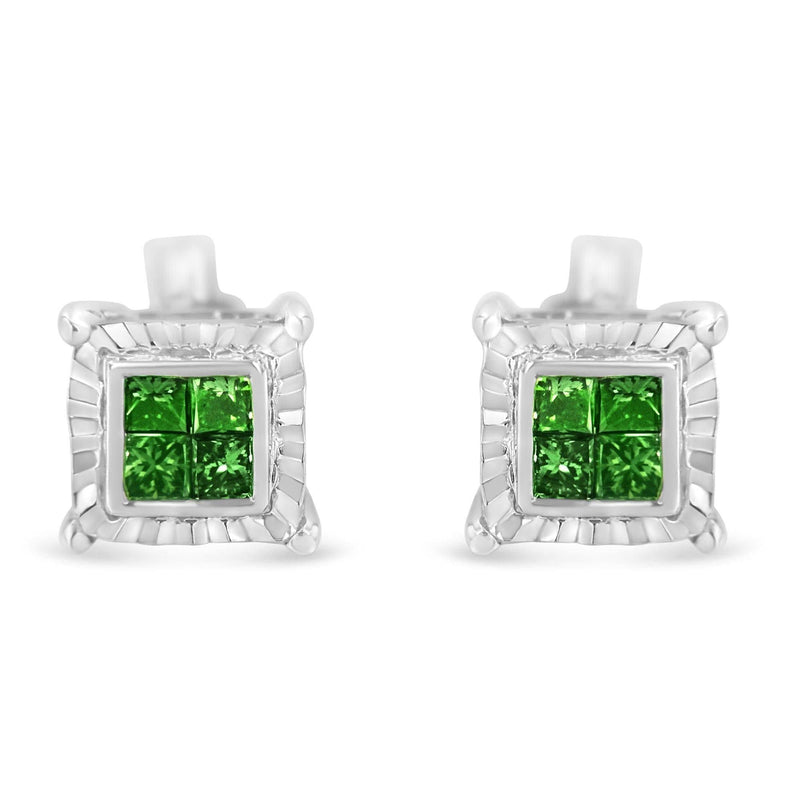 Sterling Silver Color Treated Princess Diamond Quad Stud Earring (1/2 cttw, Green Color, I1-I2 Clarity) 925 sterling silver stud earrings with 8 princess-cut green diamond stones