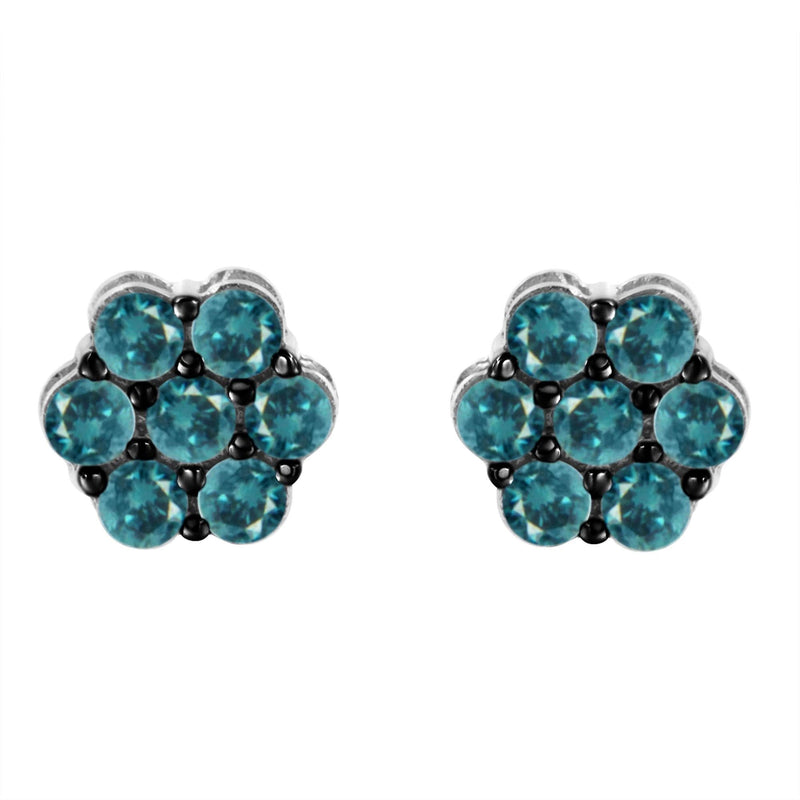 Sterling Silver Treated Blue Diamond Floral Stud Earrings (1 cttw, Blue Color, I2-I3 Clarity) 925 sterling silver floral stud earrings with blue diamond cluster stones