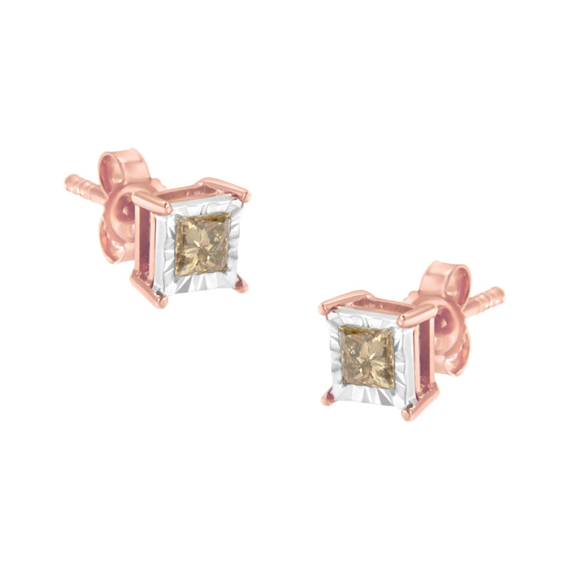 14K Rose Gold Plated Two-Tone .925 Sterling Silver 1/2 Cttw Princess-Cut Square Diamond Solitaire Miracle-Plate Stud Earrings (K-L Color, I2-I3 Clarity) 14K rose gold earrings with 2 princess-cut diamond stones