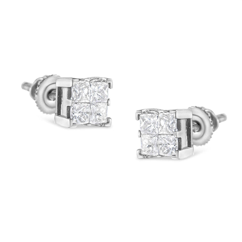 10K White Gold 3/4 Cttw Invisible Set Princess-Cut Diamond Composite Square Stud Earrings (H-I Color, SI2-I1 Clarity) 10K white gold stud earrings with 4 princess diamond stones in invisible setting