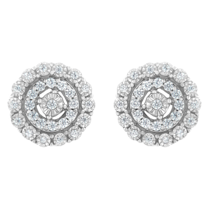 10KT White Gold 1/2 cttw Double Halo Brilliant Round-Cut Diamond Stud Earrings (I-J Clarity, I2-I3 Color) 10K white gold stud earrings with round double halo diamond stones
