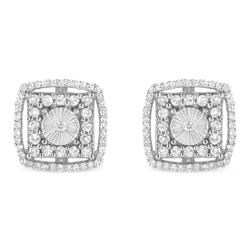 .925 Sterling Silver 1.0 Cttw Round Diamond Double Halo and Disc Stud Earring (I-J Color, I2-I3 Clarity) 925 sterling silver stud earrings with round diamond double halo stones