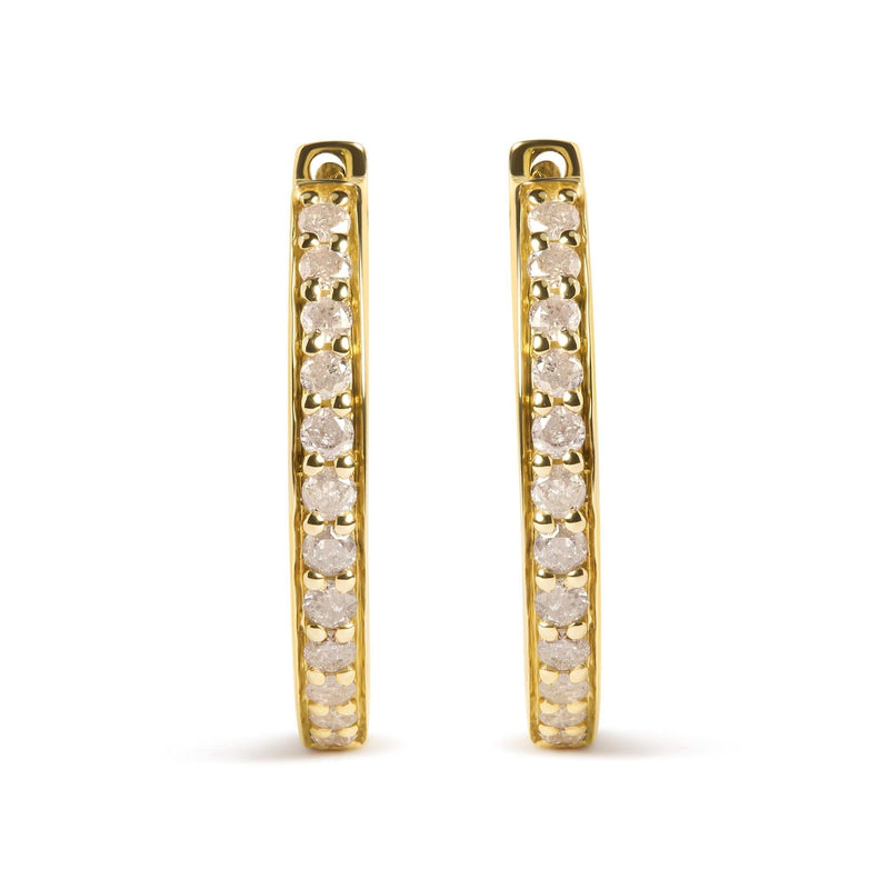 10K Yellow Gold 1/2 Cttw Round-Cut Diamond Hoop Earrings (I-J Color, I2-I3 Clarity) 10K yellow gold hoop earrings with round diamond stones set in a continuous line