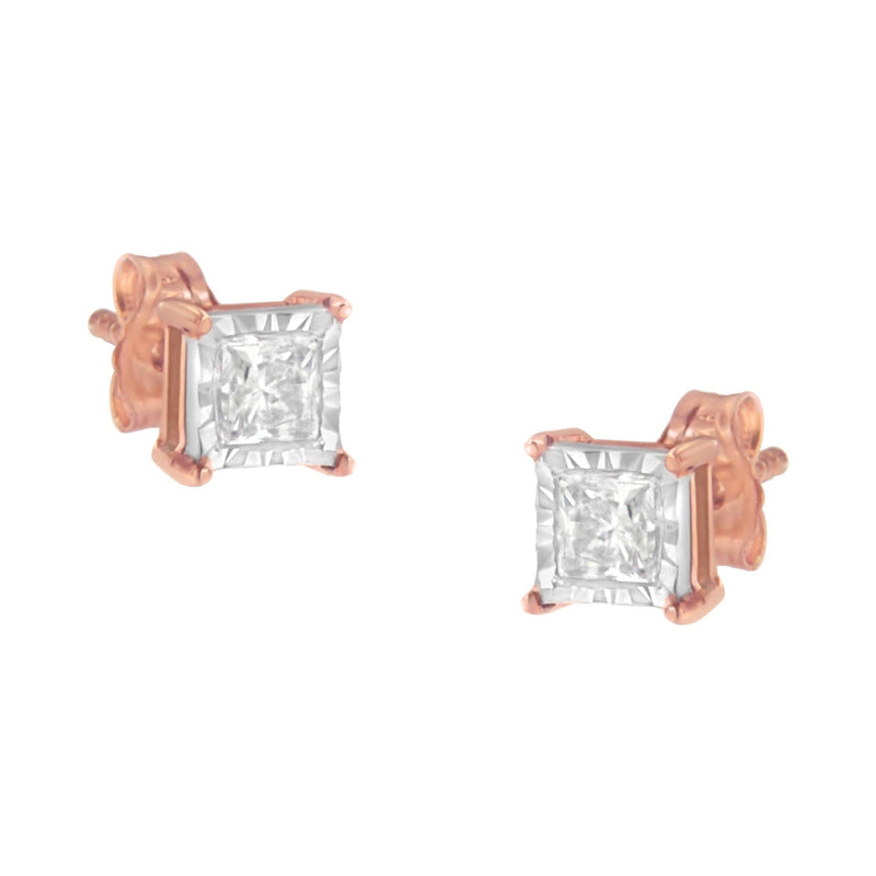 14K Rose Gold Plated Two-Tone .925 Sterling Silver 1/2 Cttw Princess-Cut Square Near Colorless Diamond Solitaire Miracle-Plate Stud Earrings (J-K Color, I2-I3 Clarity) 14K rose gold stud earrings with princess-cut diamond solitaire stones
