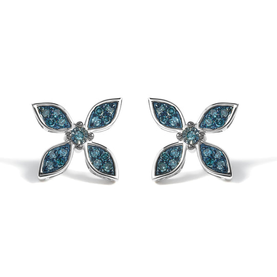 .925 Sterling Silver 1/3 Cttw Blue Diamond Floral Earrings-0