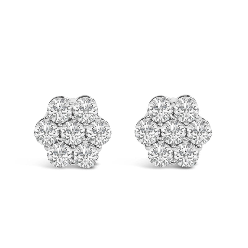 14K White Gold 7 Stone Floral Cluster Round Brilliant Cut Diamond Stud Earrings with Screw Backs(I-J, SI2-I1) 14K White Gold 7 Stone Floral Cluster Round Brilliant Cut Diamond Stud Earrings with Screw Backs(I-J, SI2-I1)-1