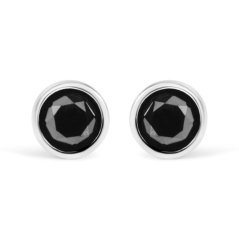 14K White Gold Round Brilliant-Cut Black Diamond Bezel-Set Stud Earrings with Screw Backs (Fancy Color-Enhanced, I2-I3 Clarity) 14K white gold stud earrings with 2 round black diamond stones