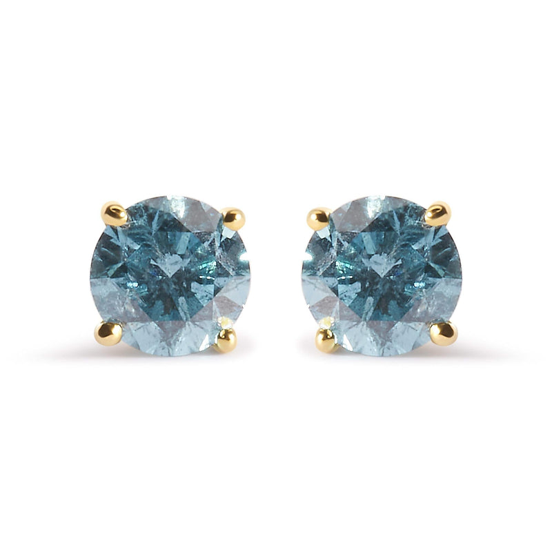 14K Yellow Gold 1.0 Cttw Treated Aqua Blue Diamond Classic Solitaire Stud Earrings (Aqua Blue Color, I2-I3 Clarity) 14K yellow gold stud earrings with 2 round aqua blue diamond stones