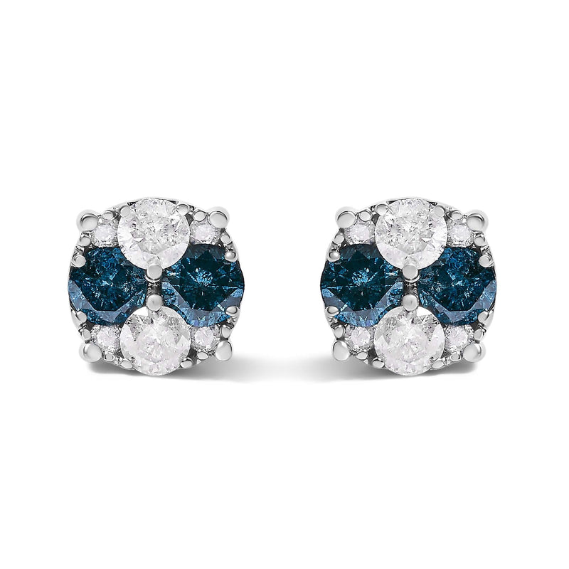 .925 Sterling Silver 2.0 Cttw Blue Diamond Composite Cluster Stud Earring 925 sterling silver ring with cluster-set blue diamond stones