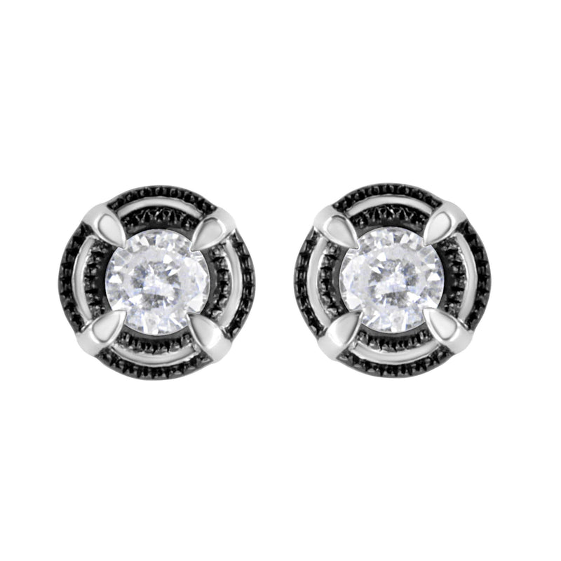 Black Rhodium Plated .925 Sterling Silver Round Diamond Double Halo 4-Prong Solitaire Milgrain Stud Earrings 925 black rhodium sterling silver ring with round diamond double halo stones