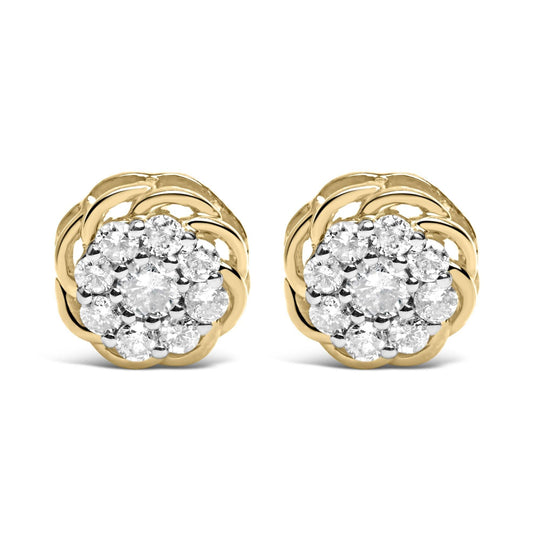 10K yellow gold cluster stud earrings with round diamond stones