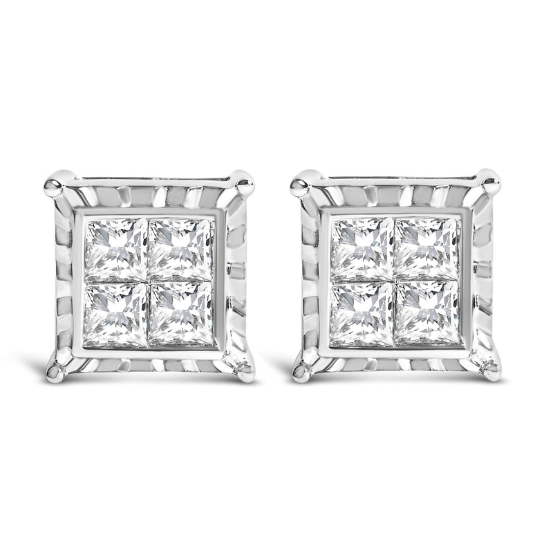 14K White Gold 1 1/2 Cttw Invisible Set Princess-Cut Diamond Contemporary Wavy Quad Stud Earrings (I-J Color, I1-I2 Clarity) 14K white gold earrings with 8 princess-cut diamond stones