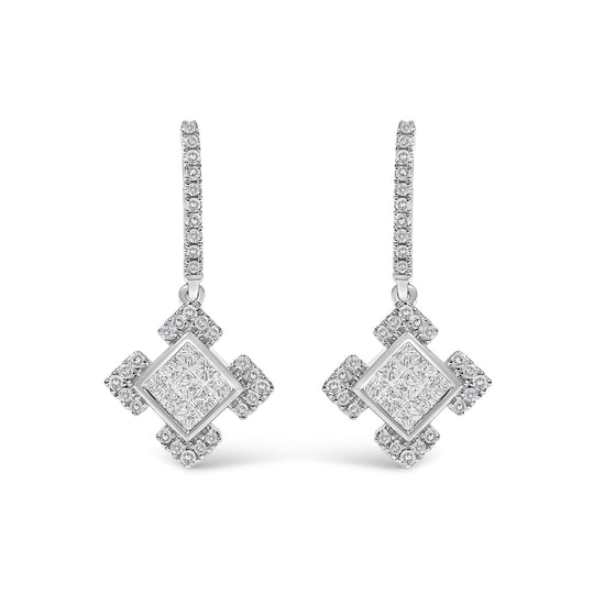 10K White Gold Princess and Round Diamond Geometric Composite Dangle Earrings-0