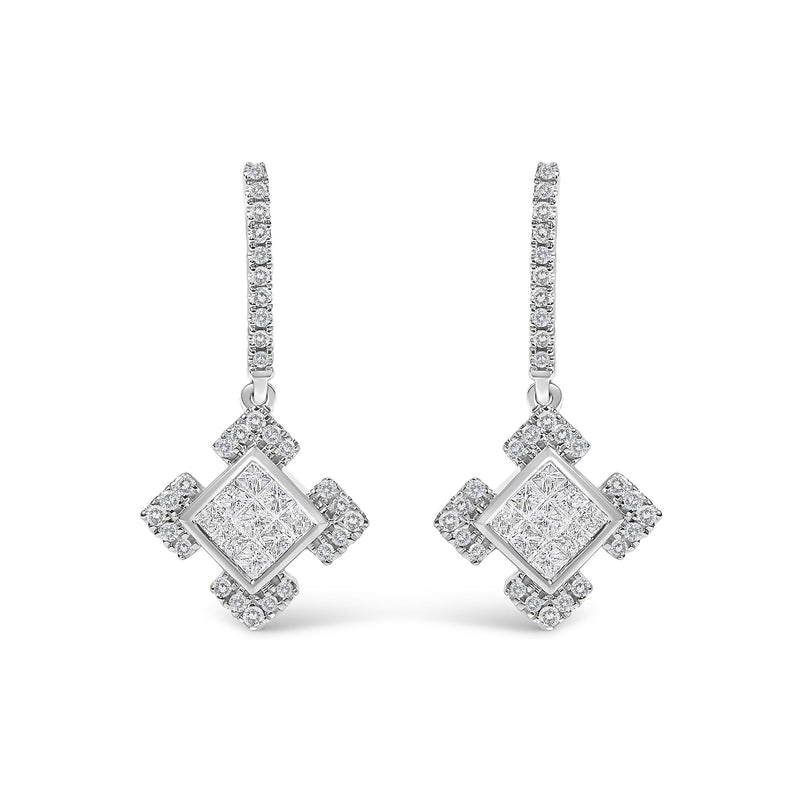 10K White Gold Princess and Round Diamond Geometric Composite Dangle Earrings 10K White Gold Princess and Round Diamond Geometric Composite Dangle Earrings-0
