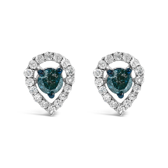 Sterling Silver 1/2 Cttw Blue and White Diamond Pear Shape Halo Stud Earrings-0