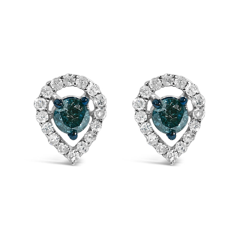 Sterling Silver 1/2 Cttw Blue and White Diamond Pear Shape Halo Stud Earrings Sterling Silver 1/2 Cttw Blue and White Diamond Pear Shape Halo Stud Earrings-0