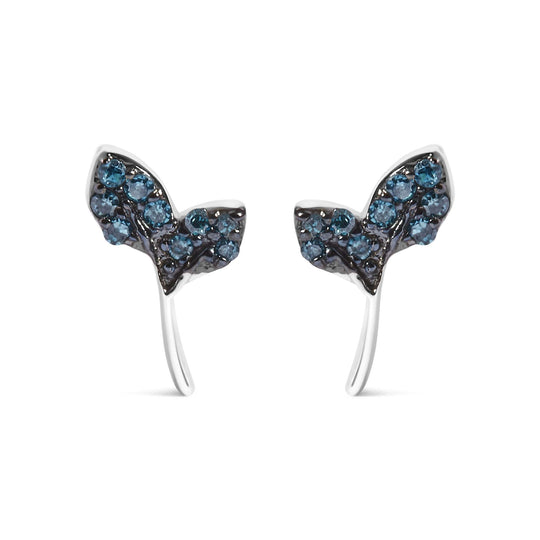 925 sterling silver leaf stud earrings with blue treated diamond accent stones