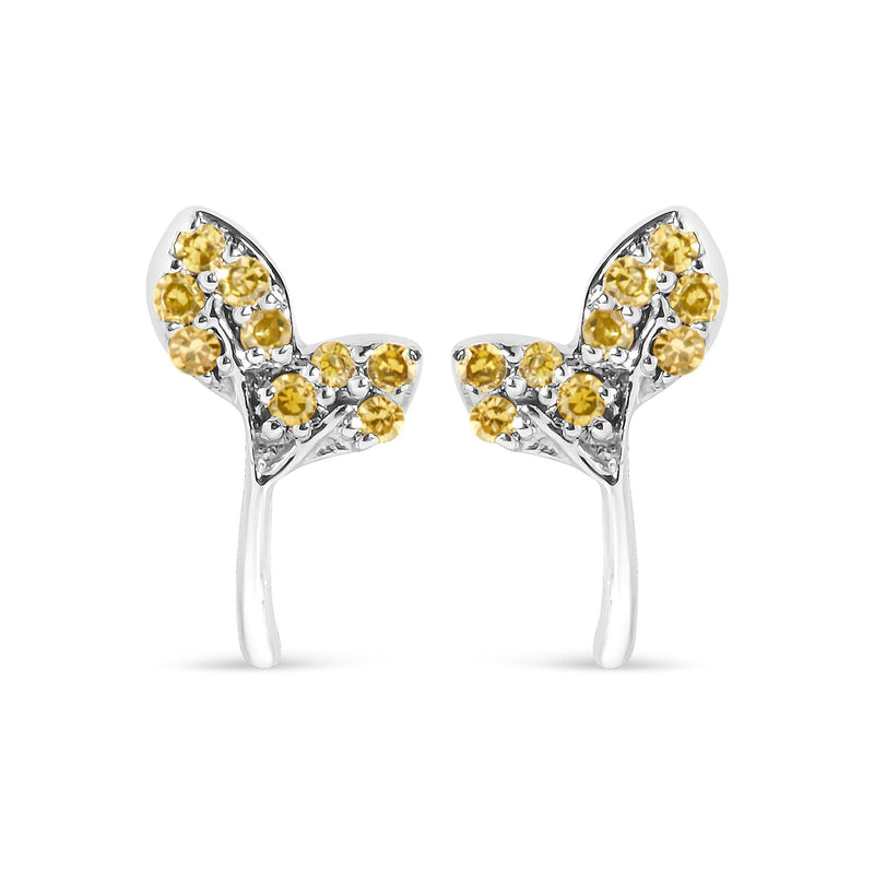 925 Sterling Silver 1/16ct TDW Yellow Treated Diamond Leaf Earrings 925 sterling silver leaf earrings with yellow treated round diamond stones