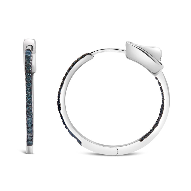 .925 Sterling Silver 1/3 Cttw Inside Out Blue Treated Diamond 1MM Wide Hoop Earrings (Blue Color, I2-I3 Clarity) 925 sterling silver hoop earrings with inside-out blue treated diamond stones