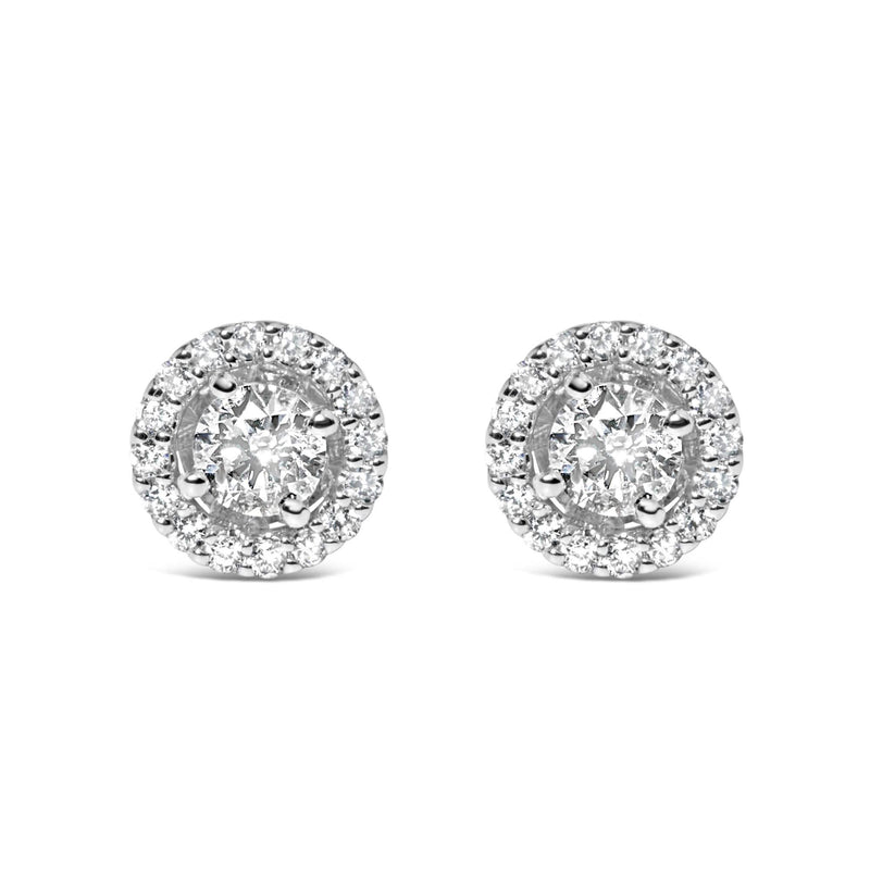 14K White Gold 3/4 Cttw Lab Grown Diamond Solitaire With Halo Stud Earrings (G-H Color, VS2-SI1 Clarity) 14K white gold ring with round diamond center and halo of smaller stones