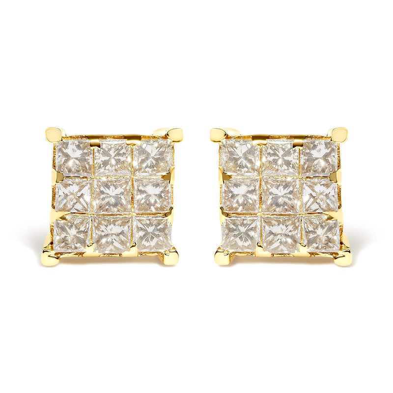 14K Yellow Gold 1 1/2 Cttw Invisible Set Princess-Cut Diamond 9 Stone Square Stud Earrings (J-K Color, SI2-I1 Clarity) 14K Yellow Gold 1 1/2 Cttw Invisible Set Princess-Cut Diamond 9 Stone Square Stud Earrings (J-K Color, SI2-I1 Clarity)-0