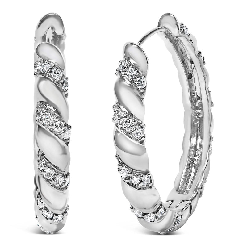 14K White Gold 1 1/5 Cttw Lab Grown Diamond Swirl Design 1 14K white gold hoop earrings with swirl-set round diamond stones