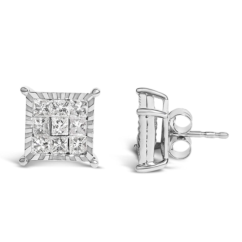 Sterling Silver 1.0 Cttw Princess Diamond Composite Square Stud Earrings 925 sterling silver stud earrings with princess-cut diamond composite squares