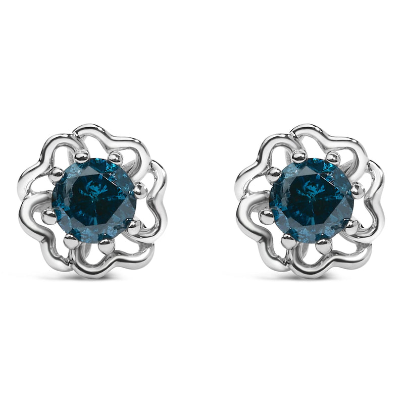 .925 Sterling Silver 1/2 Cttw Blue Diamond with Openwork Floral Halo Stud Earrings .925 Sterling Silver 1/2 Cttw Blue Diamond with Openwork Floral Halo Stud Earrings-0