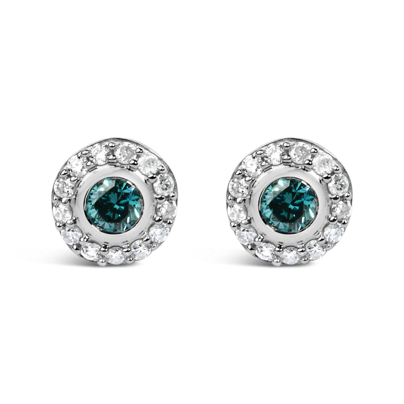 Sterling Silver 1/2 Cttw Round Blue and White Diamond Halo Stud Earrings