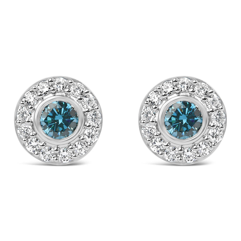 Sterling Silver 1.0 Cttw Blue and White Lab Grown Diamond Round Halo Stud Earrings
