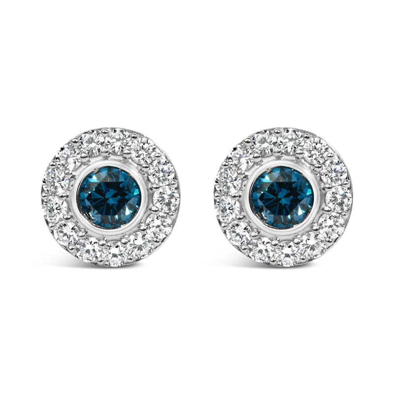 Sterling Silver 1 1/2 Cttw Blue and White Lab Grown Diamond Round Halo Stud Earrings