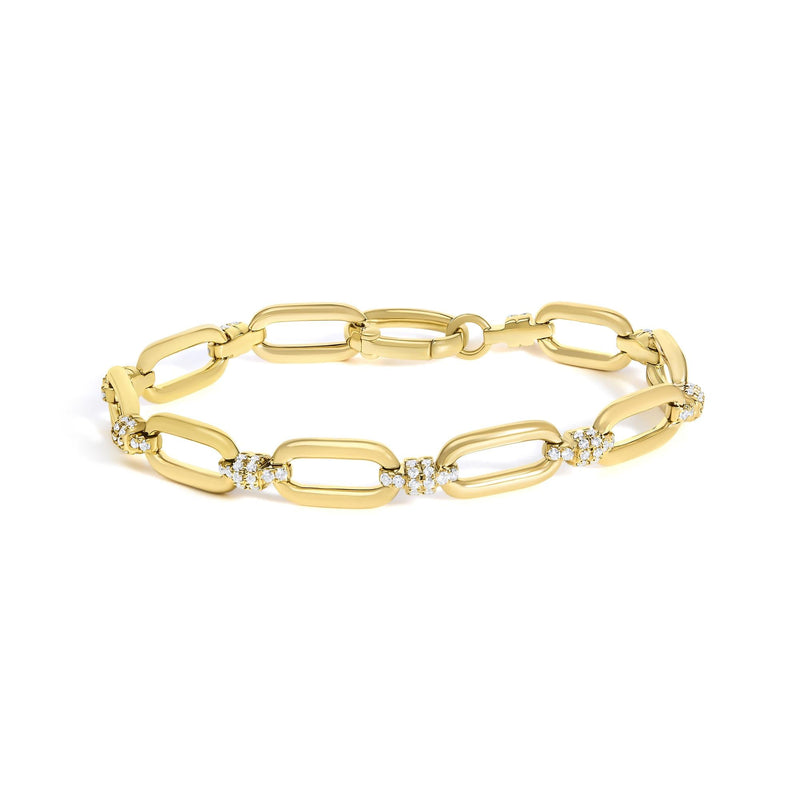 14K Yellow Gold 1 1/10 Cttw Diamond Cluster Paperclip Link Bracelet