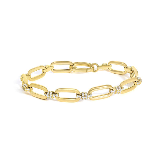 14K Yellow Gold 1 1/10 Cttw Diamond Cluster Paperclip Link Bracelet