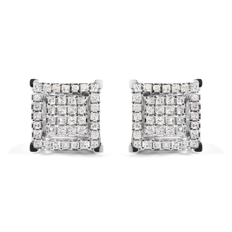 10K White Gold 1 1/4 Cttw Princess Diamond Composite Double Square and Halo Stud Earrings (I-J Color, I1-I2 Clarity) 10K white gold ring with princess diamond stones in double square halo setting