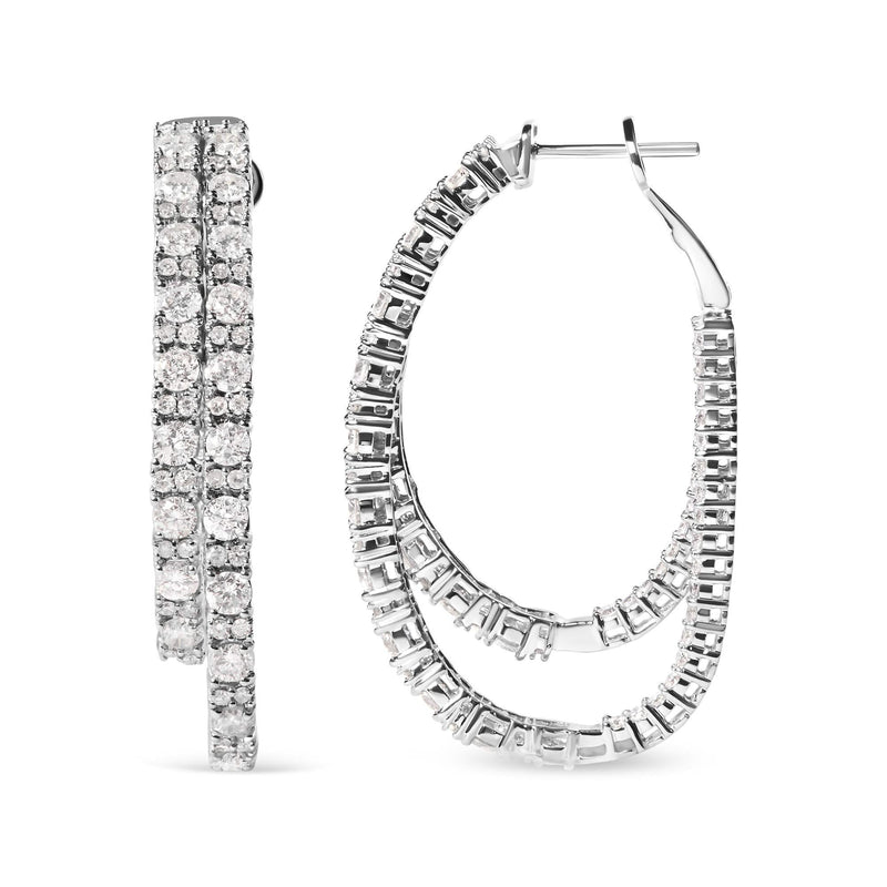 14K White Gold 4.0 Cttw Diamond Asymmetrical Inside Out Double-Hoop Earrings (I-J Color, I1-I2 Clarity) 14K white gold double-hoop earrings with round diamond stones inside and out