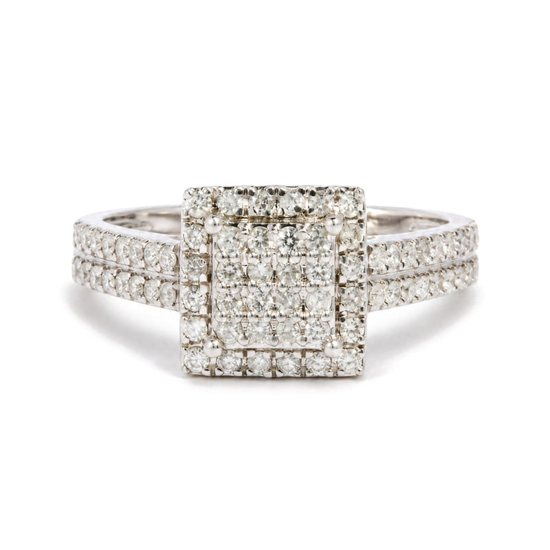 14K White Gold 1/2 Cttw Diamond Square Halo Ring with Split Shoulder Design